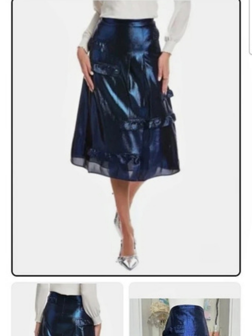 Burberry Bright Metallic Navy Ruffle Detail Lamé Skirt Midi Skirt Size 12